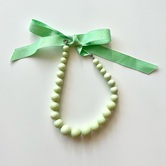 Mint Green Beaded Necklace With Polka Dot Ribbon Tie Closure - Picture 1 of 2